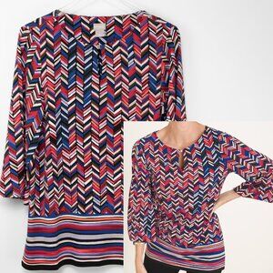 Chico's Blouse Chevron Print Striped Border Top Red White Blue Size 1 Medium New